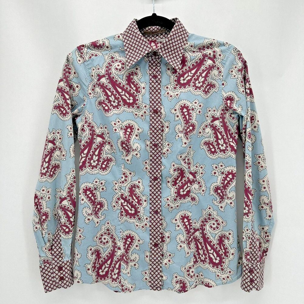ETRO Womens 6 Button Front Blouse Paisley Retro 70s Check Cotton Collared Italy